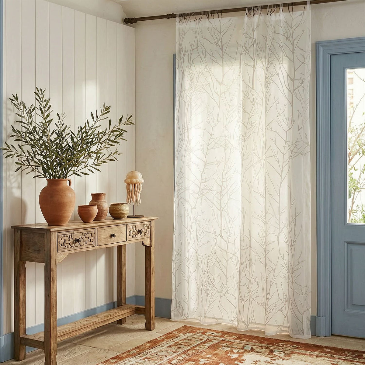 Branch Tree White Pinch Pleat Sheer Curtains for Bedroom/Living Room