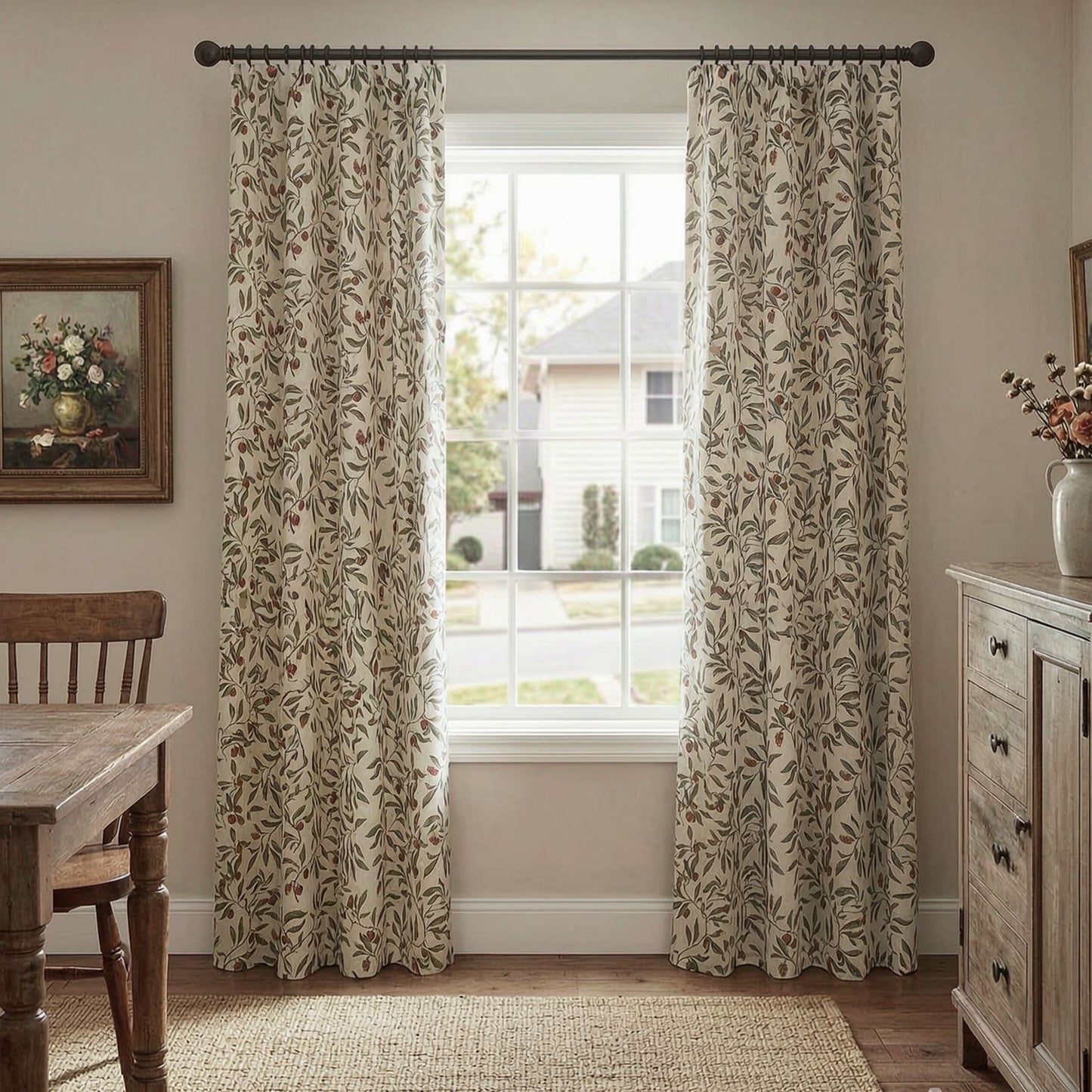 Olive Green Leaf & Red Berry Cream Base Curtains