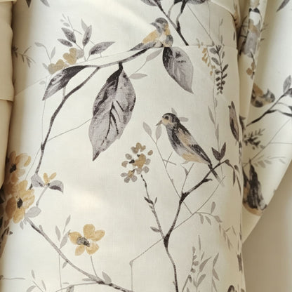 Garden Mustard Gray Birds Yellow Blossom Print Curtain Panels