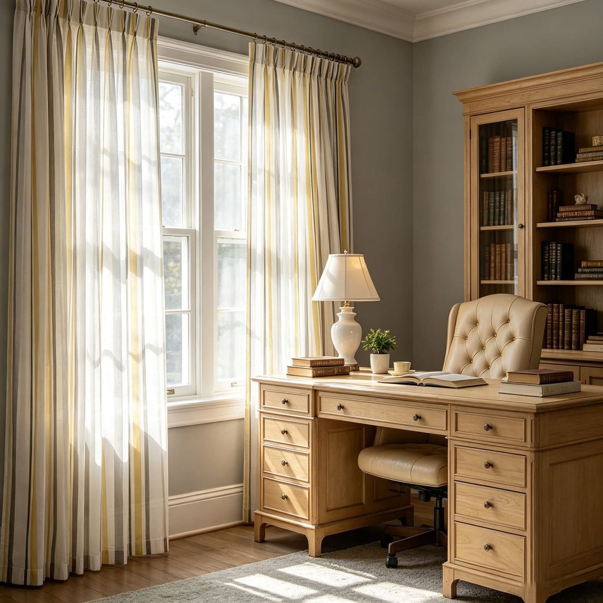 Yellow Gray Striped Sheer Curtains for Bedroom/Living Room 2 Panels