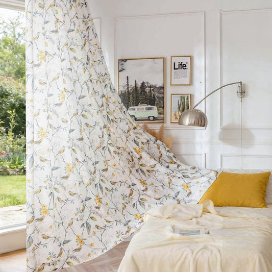 White Yellow Gray Birds Floral Curtains Living Room Drapes
