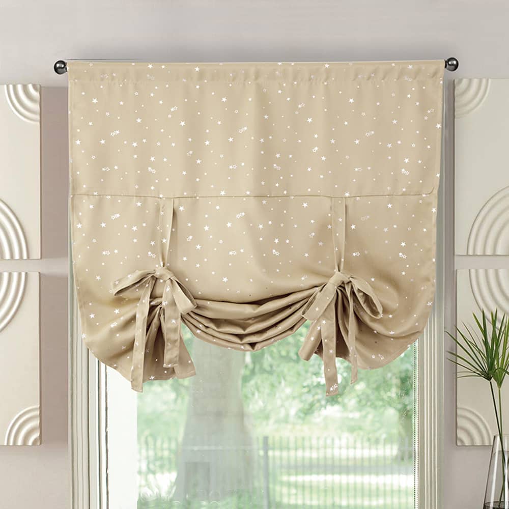 Tie Up Adjustable Balloon Curtain Shade Silver Stars Beige Drapes for Small Window