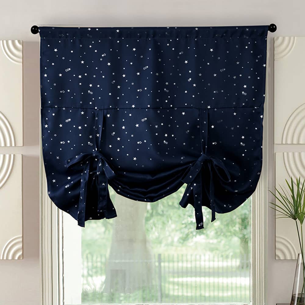 Tie Up Adjustable Balloon Curtain Shade Silver Stars Navy Blue Drapes for Small Window