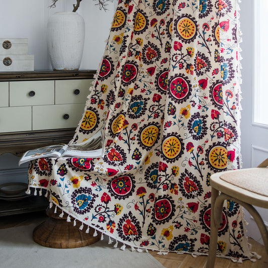 Bohemian Colorful Sunflowers Cotton Linen Curtains Ceiling Drapes With Tassels