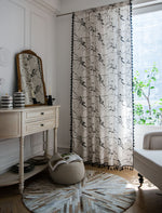 Classic White Mable Print Cotton Linen Curtains Window Drapes with Black Tassels