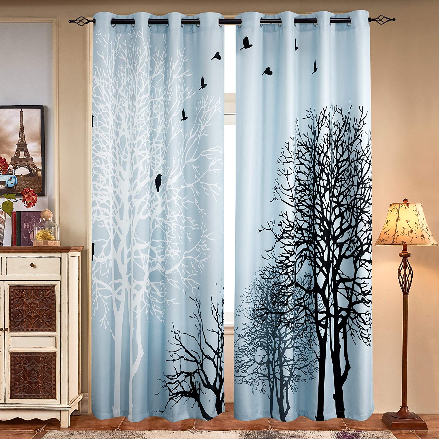 light blue tree branches living room curtains