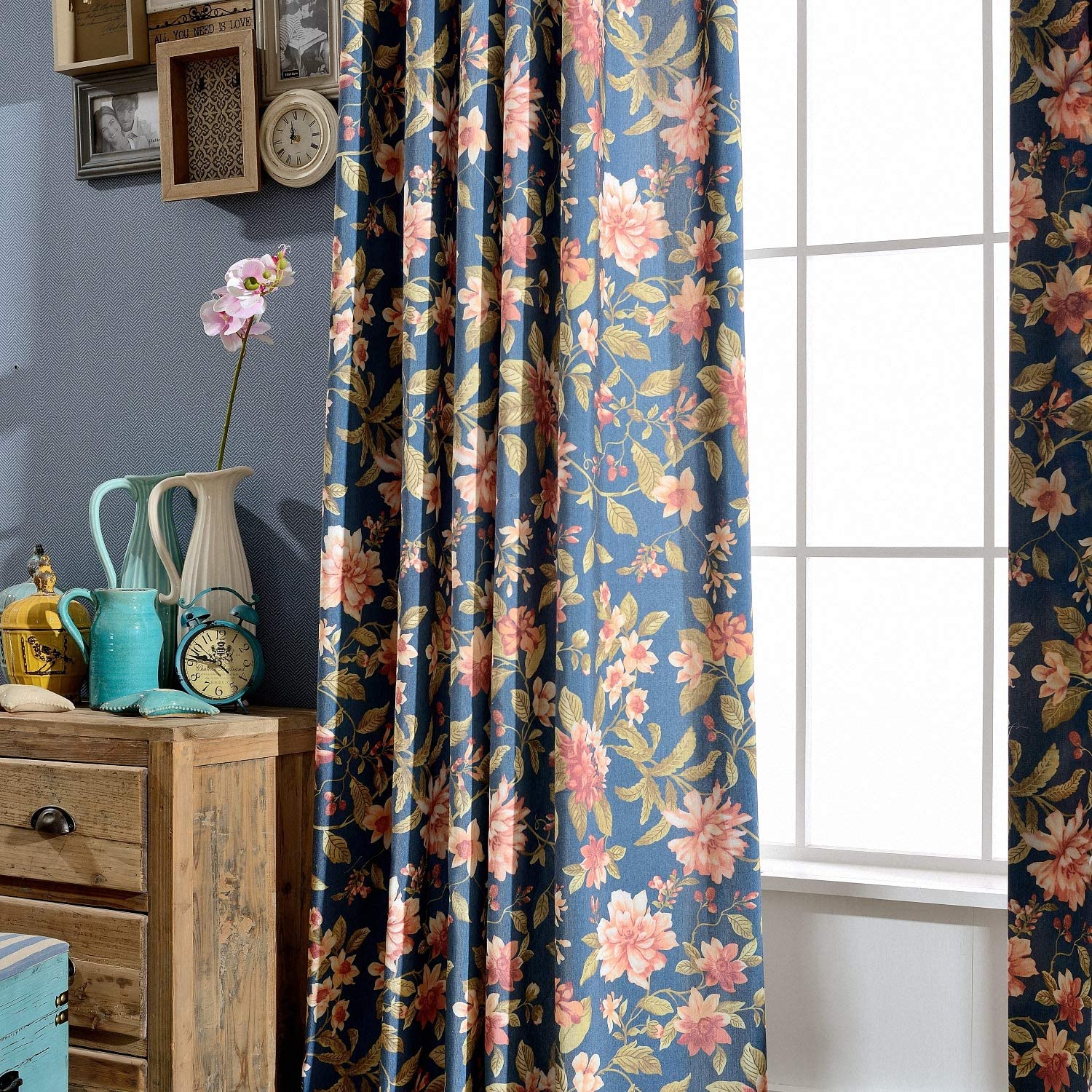 navy vintage floral curtains room darkening drapes for living room