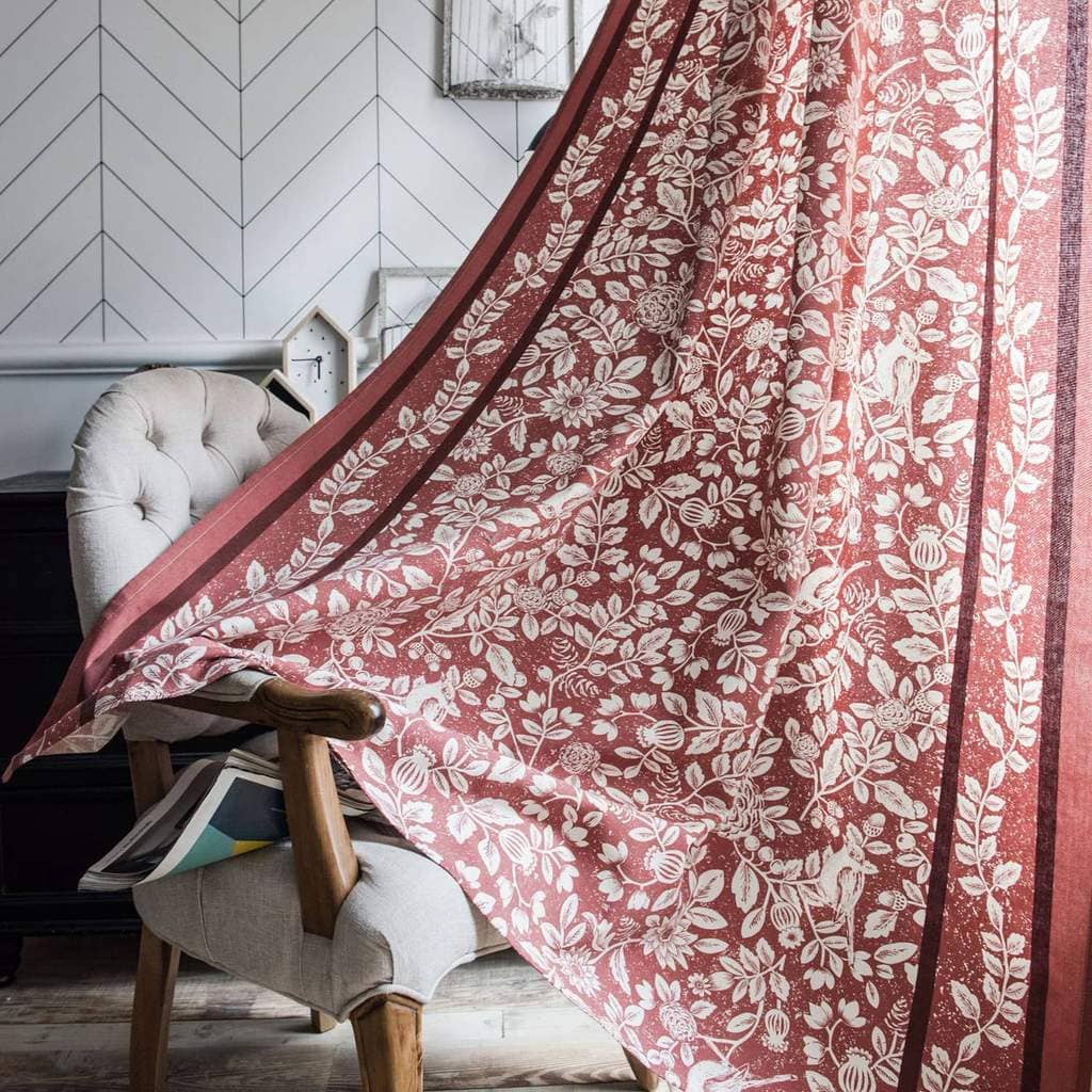 Burgundy Red Curtains White Leaf Flower Bird Cotton Linen Drapes