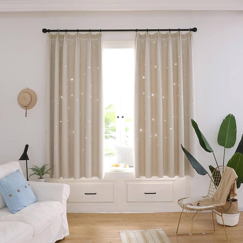 Beige hollowed star curtains with romantic sheer for living room