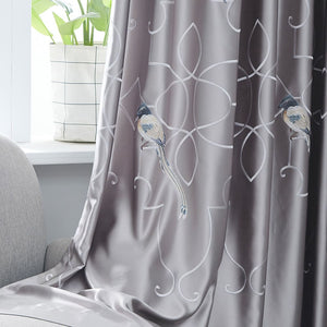 Embroidered Bird Gray Silk Curtains Gorgeous Drapes