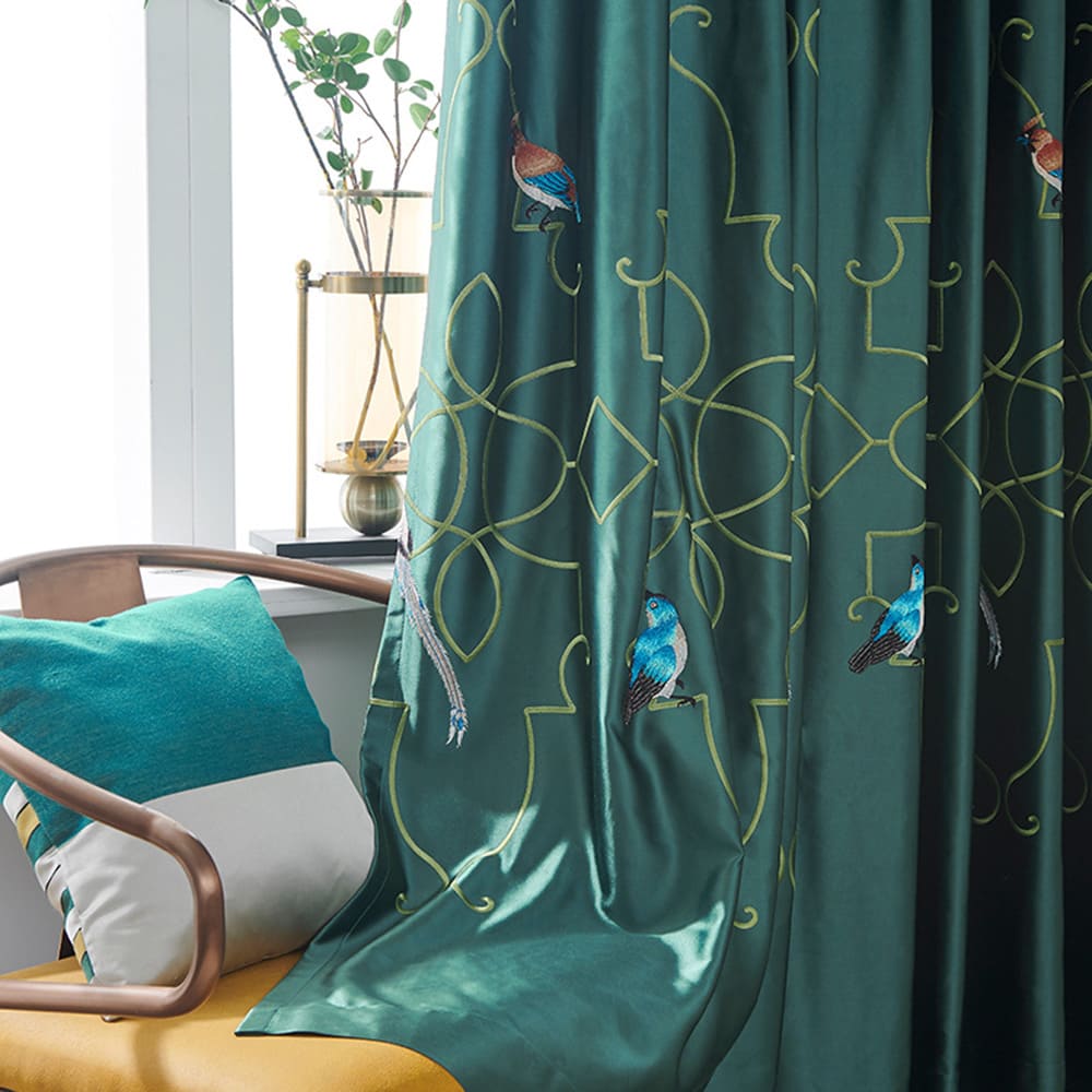Embroidered Bird Green Silk Curtains Gorgeous Drapes