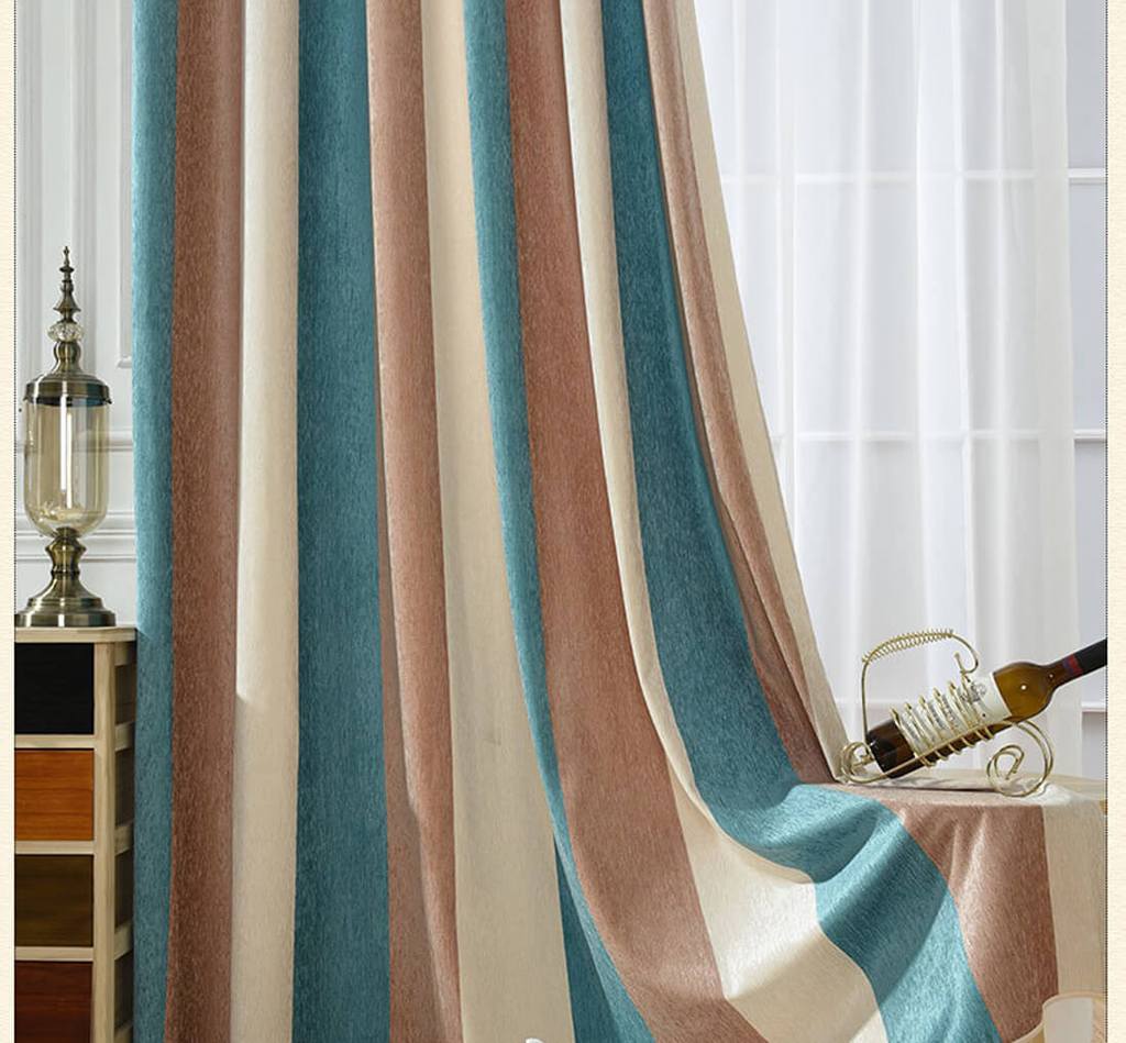 Blue brown beige striped curtains chenille bedroom drapes for sale