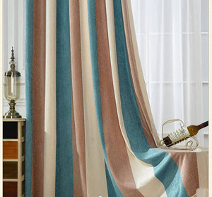 Blue brown beige striped curtains chenille bedroom drapes for sale