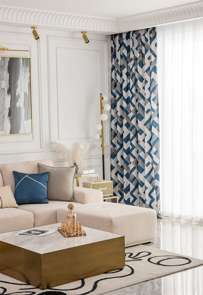 Blue Geometric Pattern Curtains Drapes for Bedroom