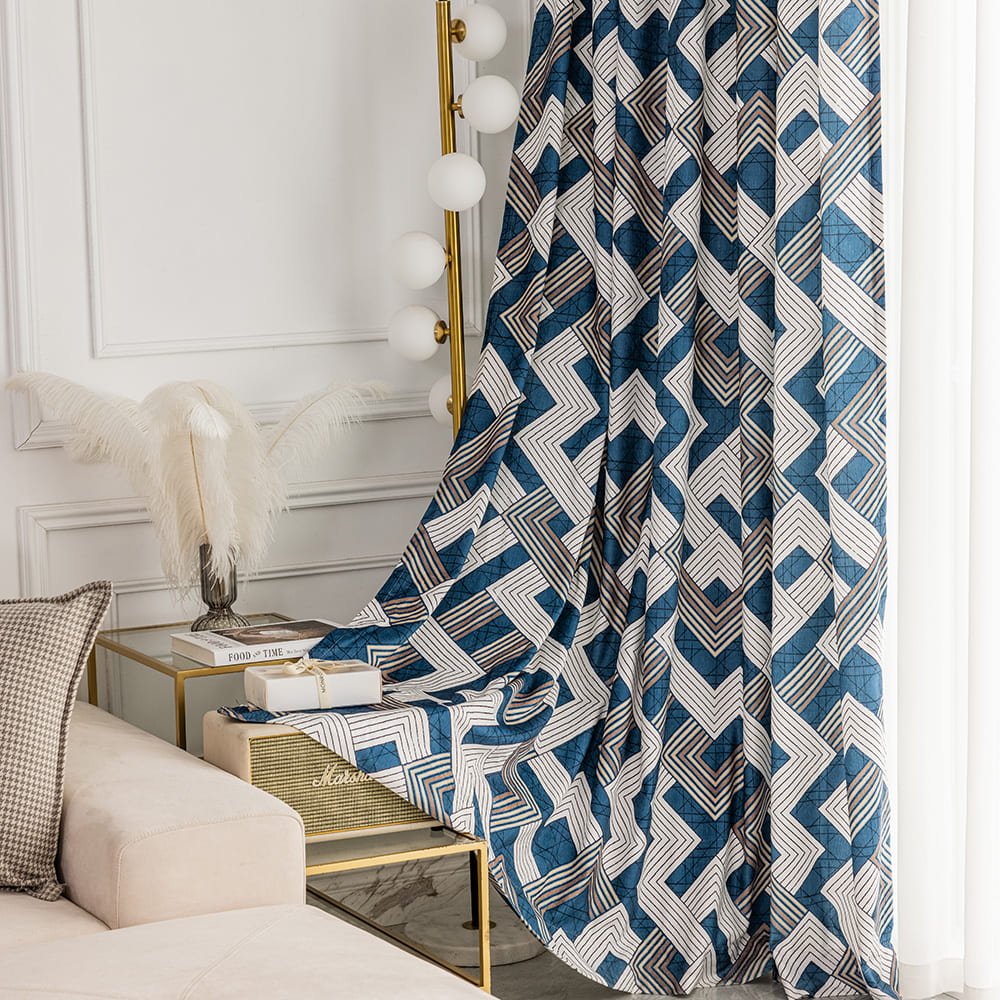 Blue Geometric Pattern Curtains Drapes for Bedroom