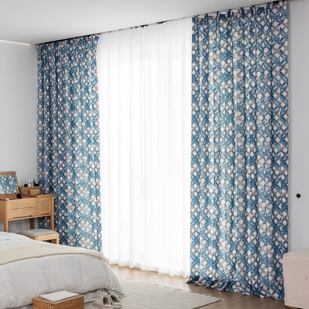 Blue Gray Plaid Curtains Weave Style Drapes