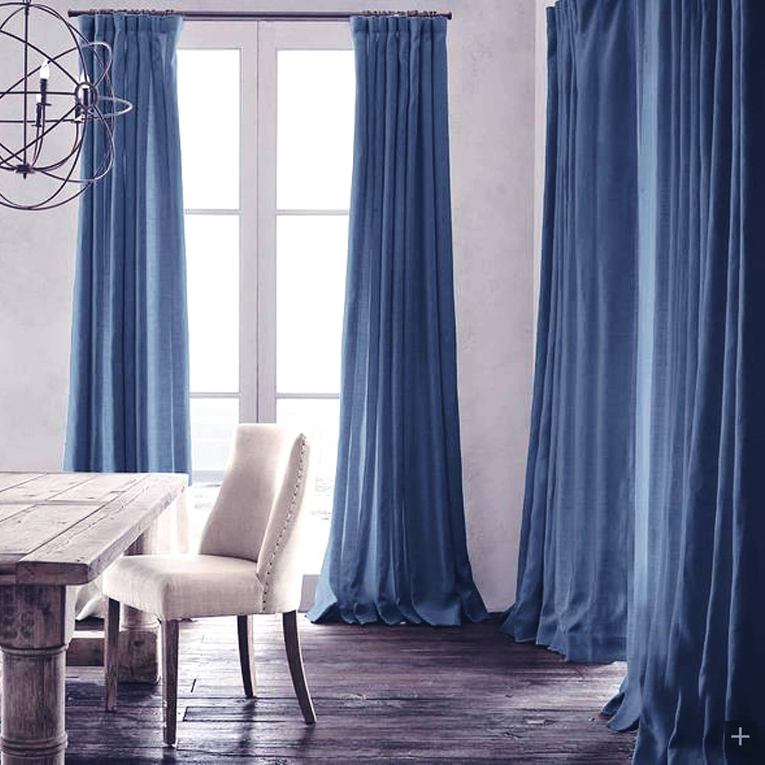 Denim Blue Natural Linen Curtains and Drapes 2 Panels for Living Room