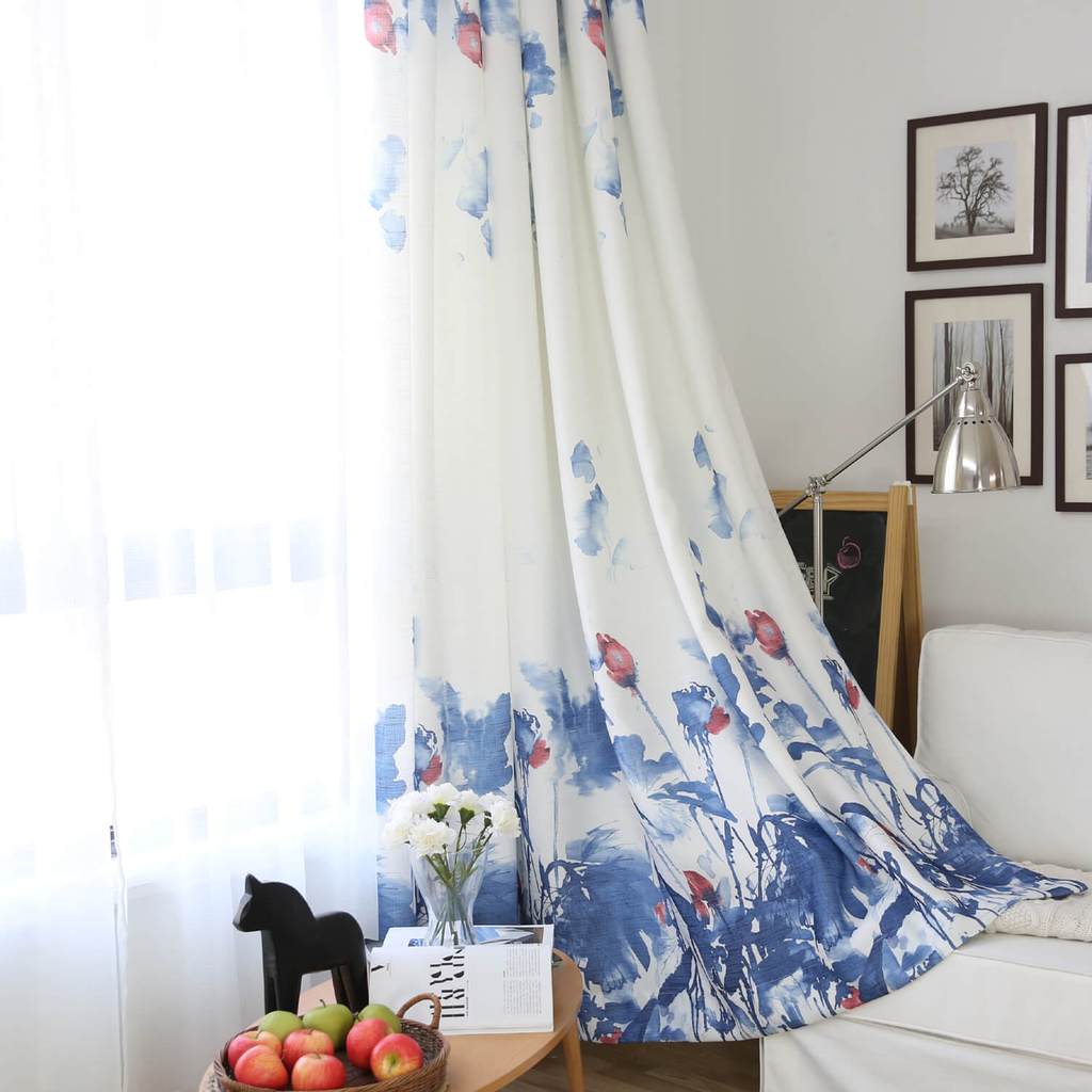 Blue lotus white curtains watercolor living room drapes for sale