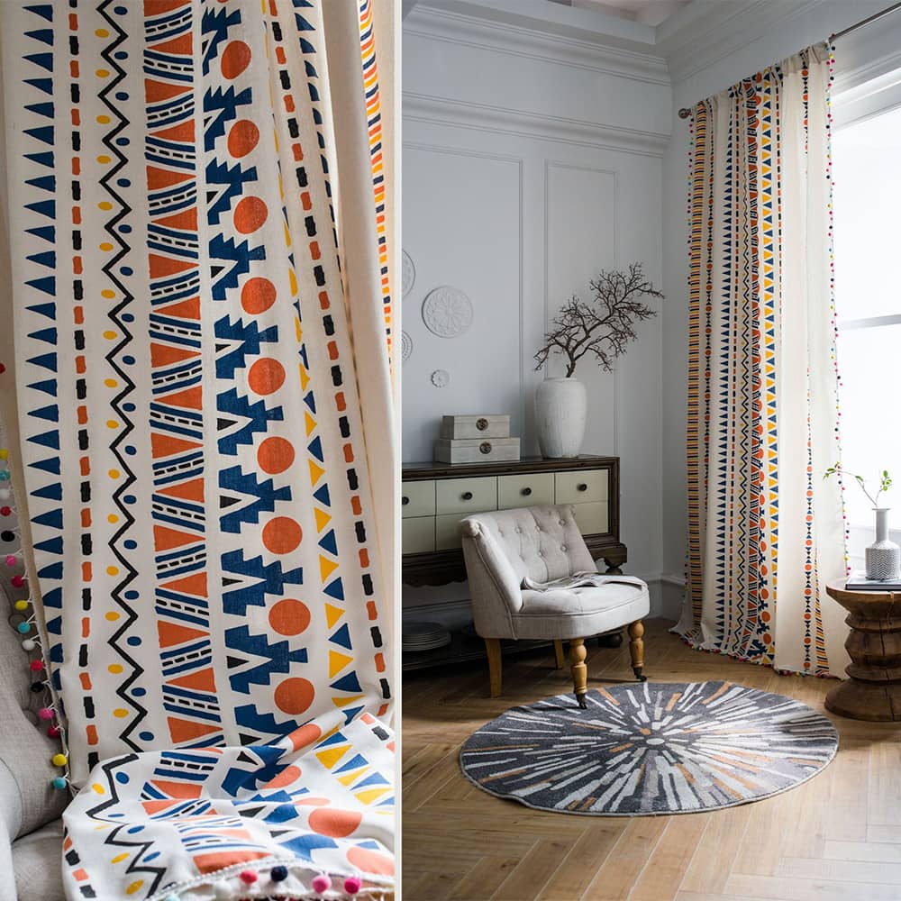 Bohemian Style Cotton Linen Curtains with Pom Pom Trims Drapes