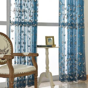 Blue Sheer Curtains White Butterfly Voile Drapes for Bedroom 1 Set of 2 Panels - Anady Top Space Design