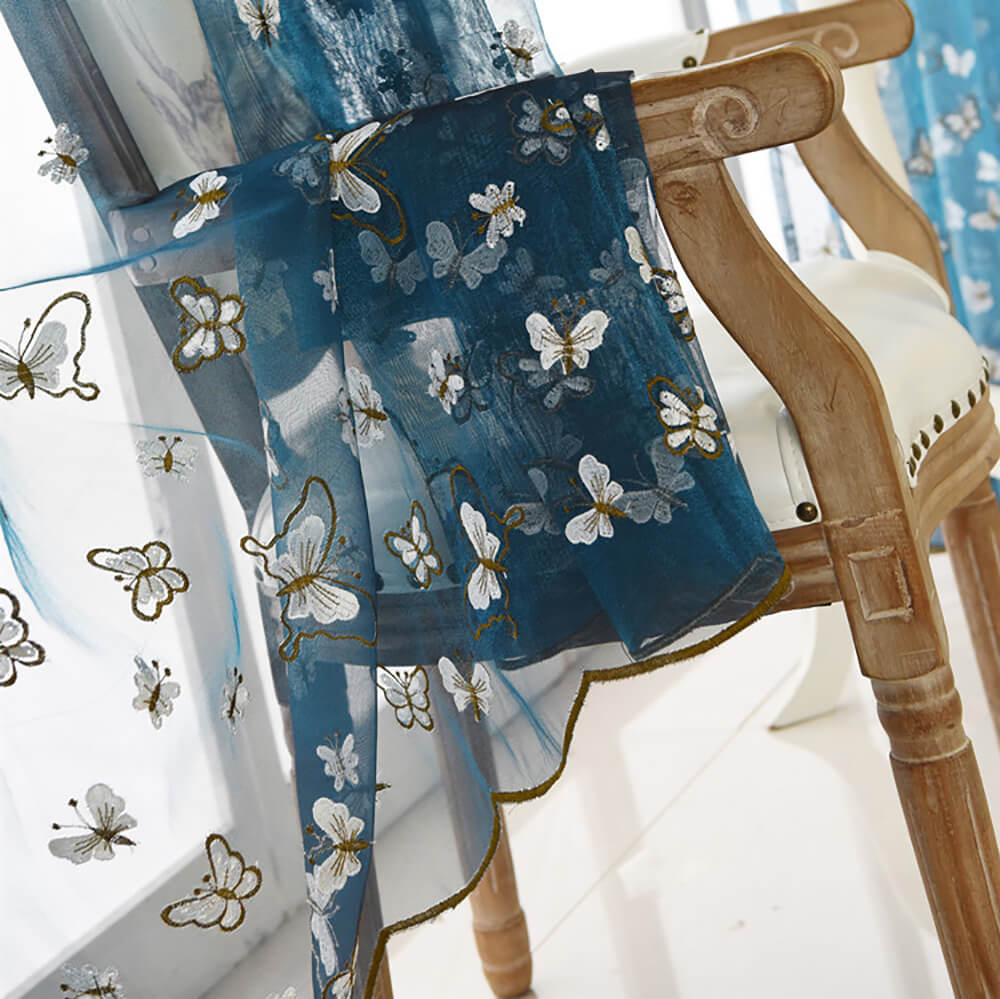 Blue Sheer Curtains White Butterfly Voile Drapes for Bedroom 1 Set of 2 Panels - Anady Top Space Design