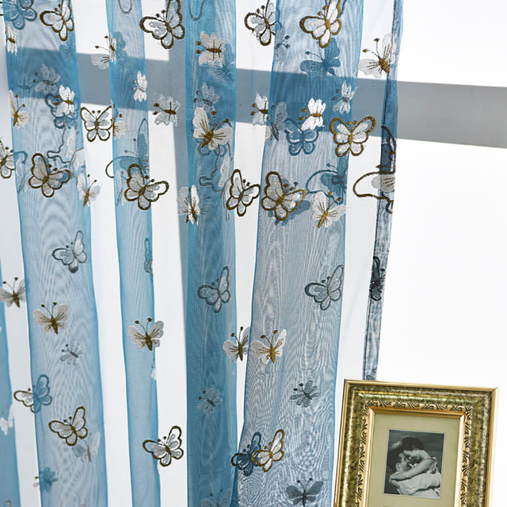 Blue Sheer Curtains White Butterfly Voile Drapes for Bedroom 1 Set of 2 Panels - Anady Top Space Design