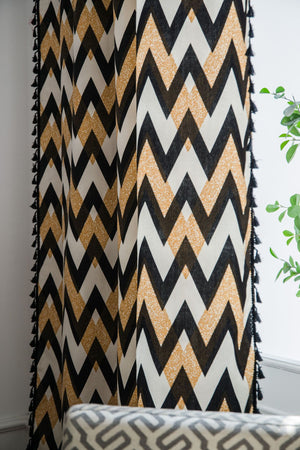 Bohemian Style Ripple Cotton Linen Curtains Kitchen Drapes with Black Tassels