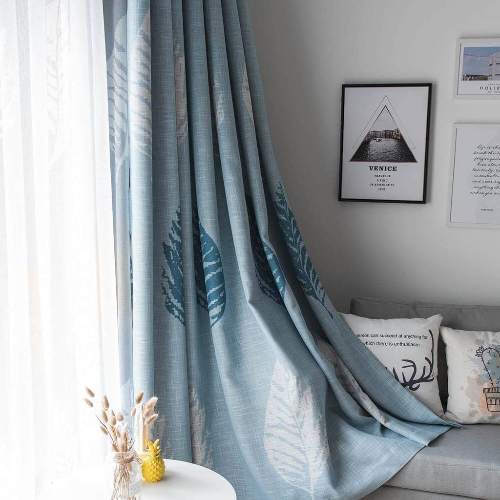 cheap custom blue leaf door window drapes living room curtains for sale