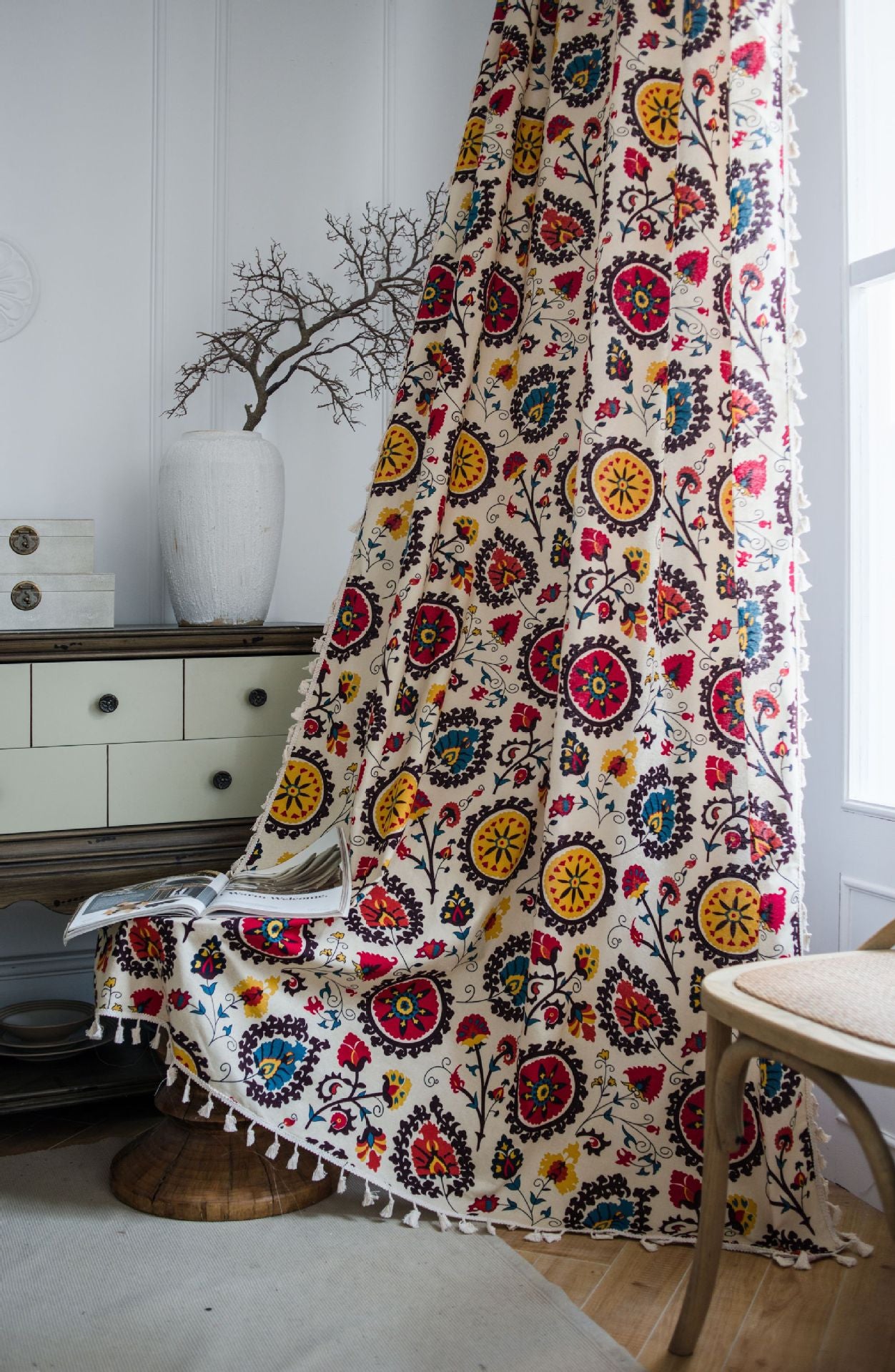 Bohemian Colorful Sunflowers Cotton Linen Curtains Ceiling Drapes With Tassels