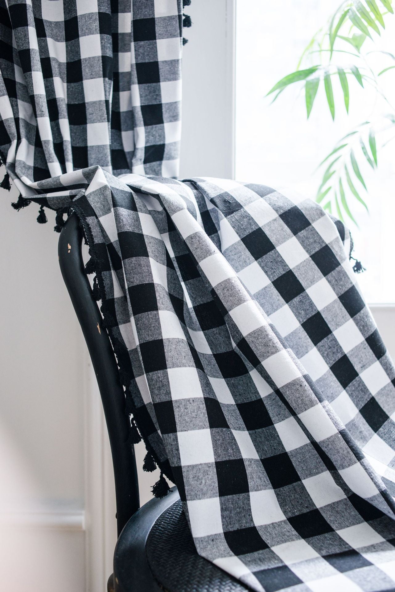 Classic Black and White Curtains Checkered Window Drapes with Tassels