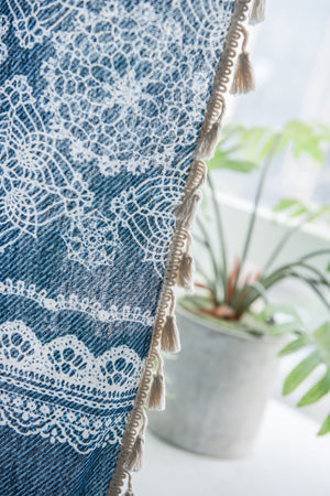 Classic Blue Denim Lace Cotton Linen Curtains Geometric Drapes with Tassels