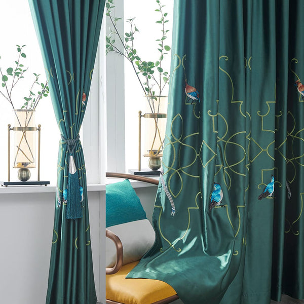 Embroidered Bird Green Silk Curtains Drapes Anady Top