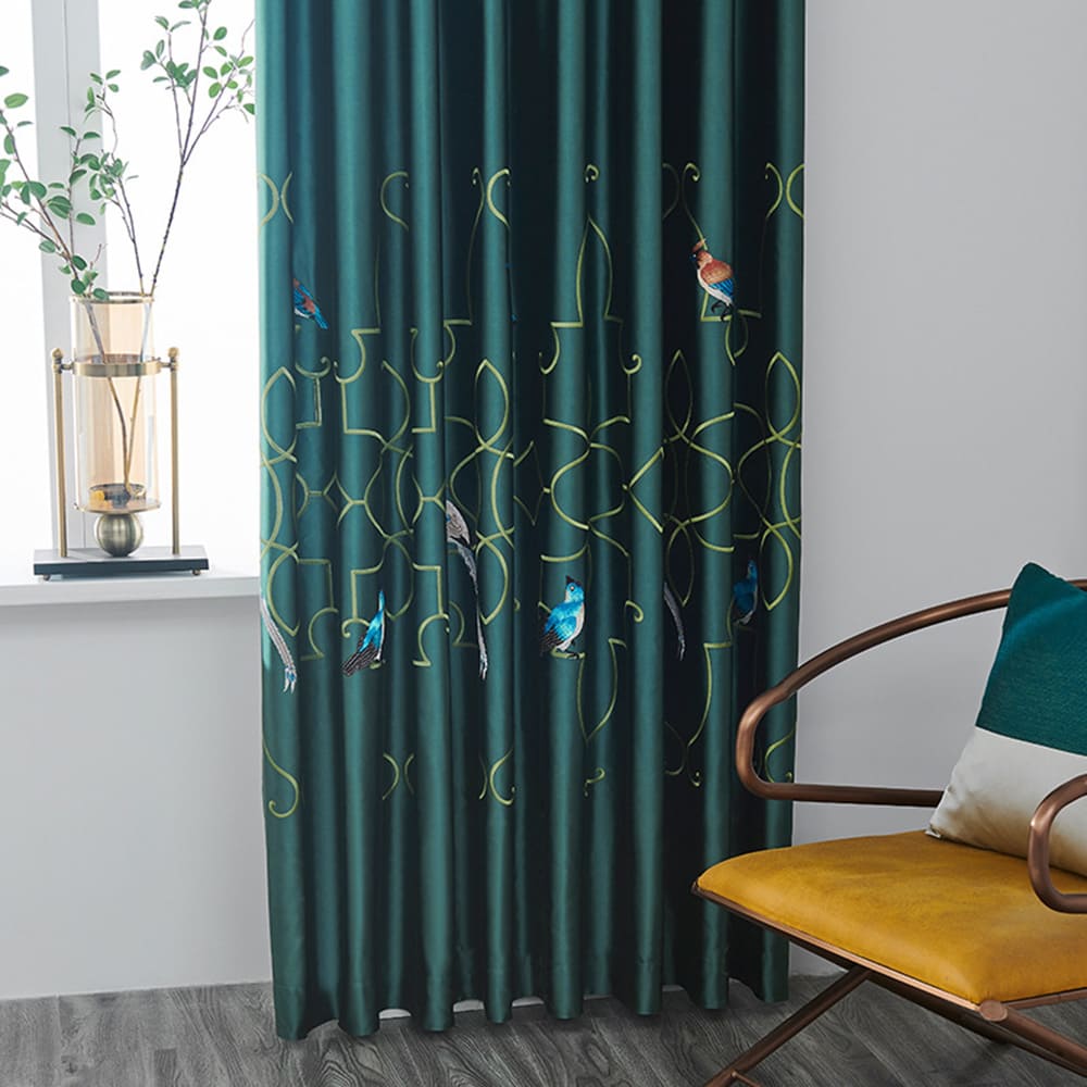 Embroidered Bird Green Silk Curtains Gorgeous Drapes