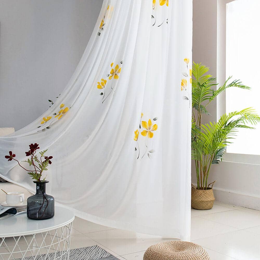 cute yellow flower white voile girls bedroom sheer curtains for sale