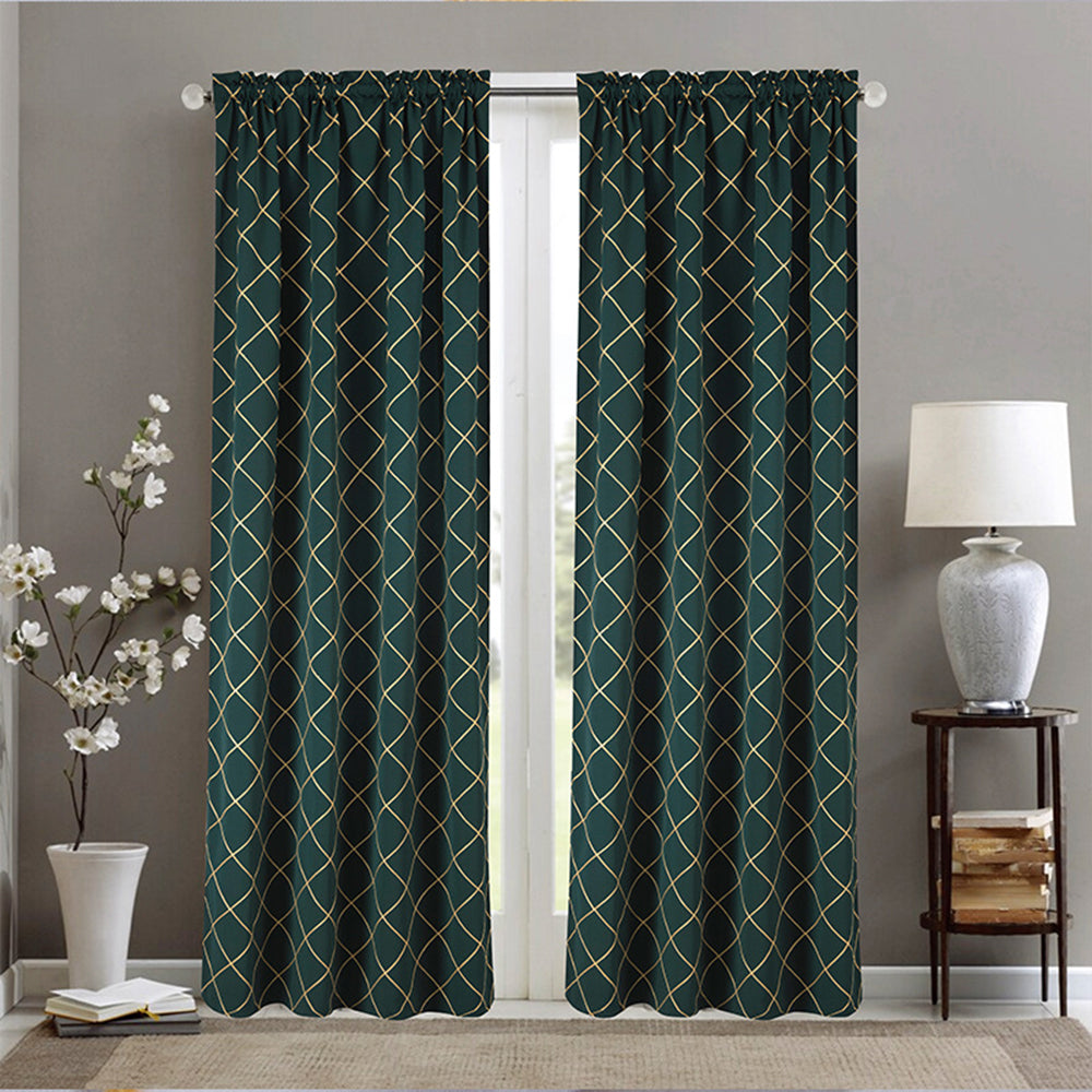 Dark Green Curtains Waterproof Grid Blackout Drapes for Living Room