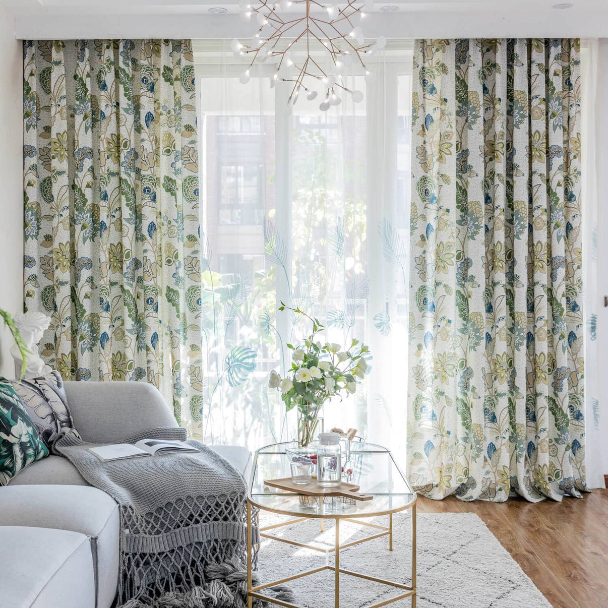 Green Leaf Blue Flower Pinch Pleat Curtains Jungle Pattern Drapes