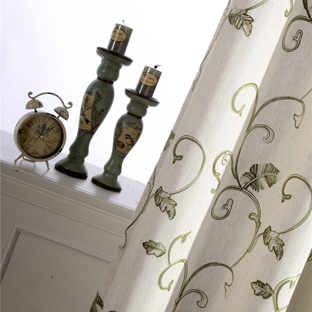 Embroidered Green Vine Curtains Linen Drapes for Livingroom