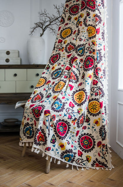 Bohemian Colorful Sunflowers Cotton Linen Curtains Ceiling Drapes With Tassels