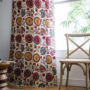 Bohemian Colorful Sunflowers Cotton Linen Curtains Ceiling Drapes With Tassels