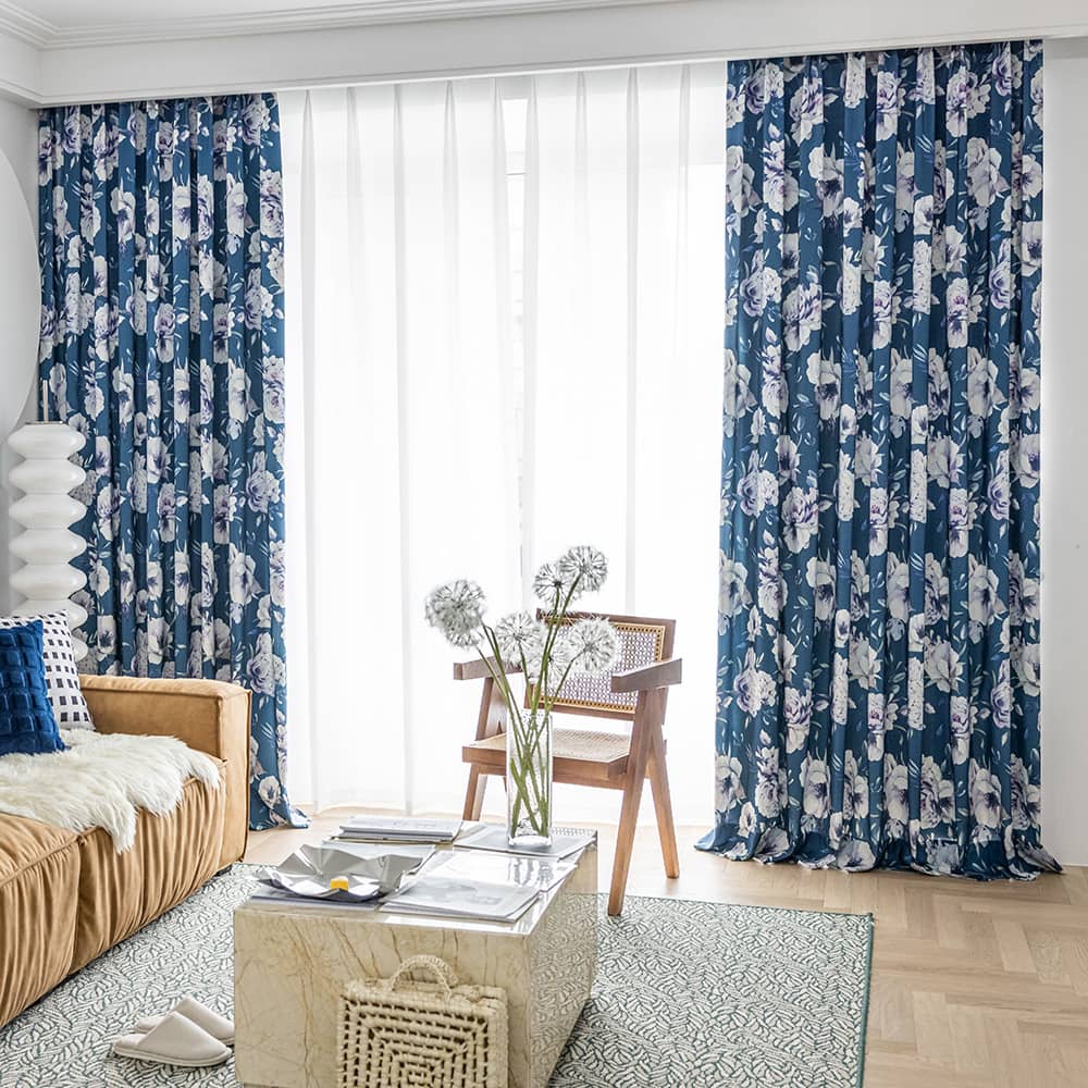 Blue Curtains Oil Painting Peony Drapes for Living Room
