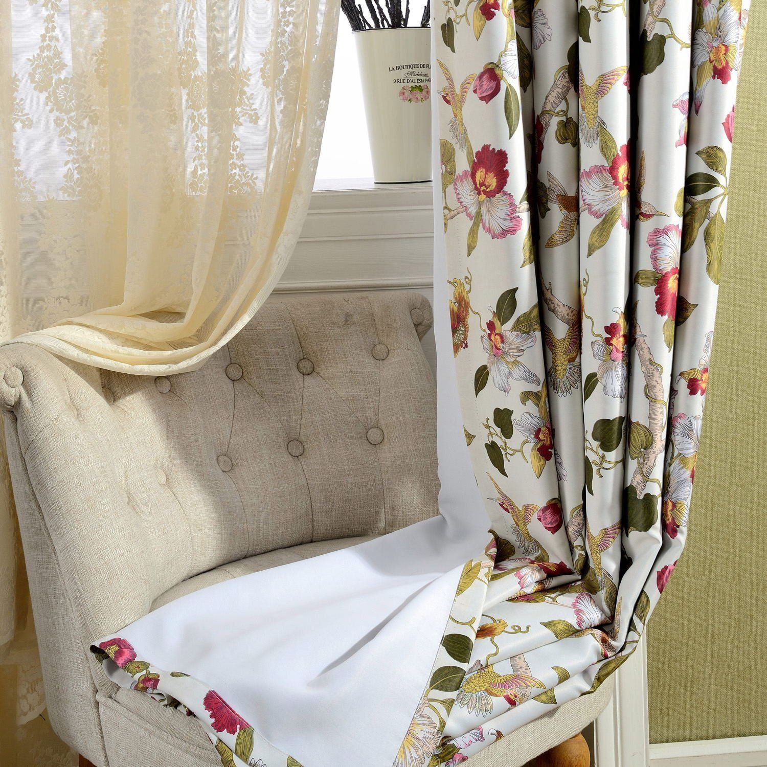 Blackout Red Flower Curtains Birds Drapes for Bedroom 1 Set of 2 Panels - Anady Top Space Design