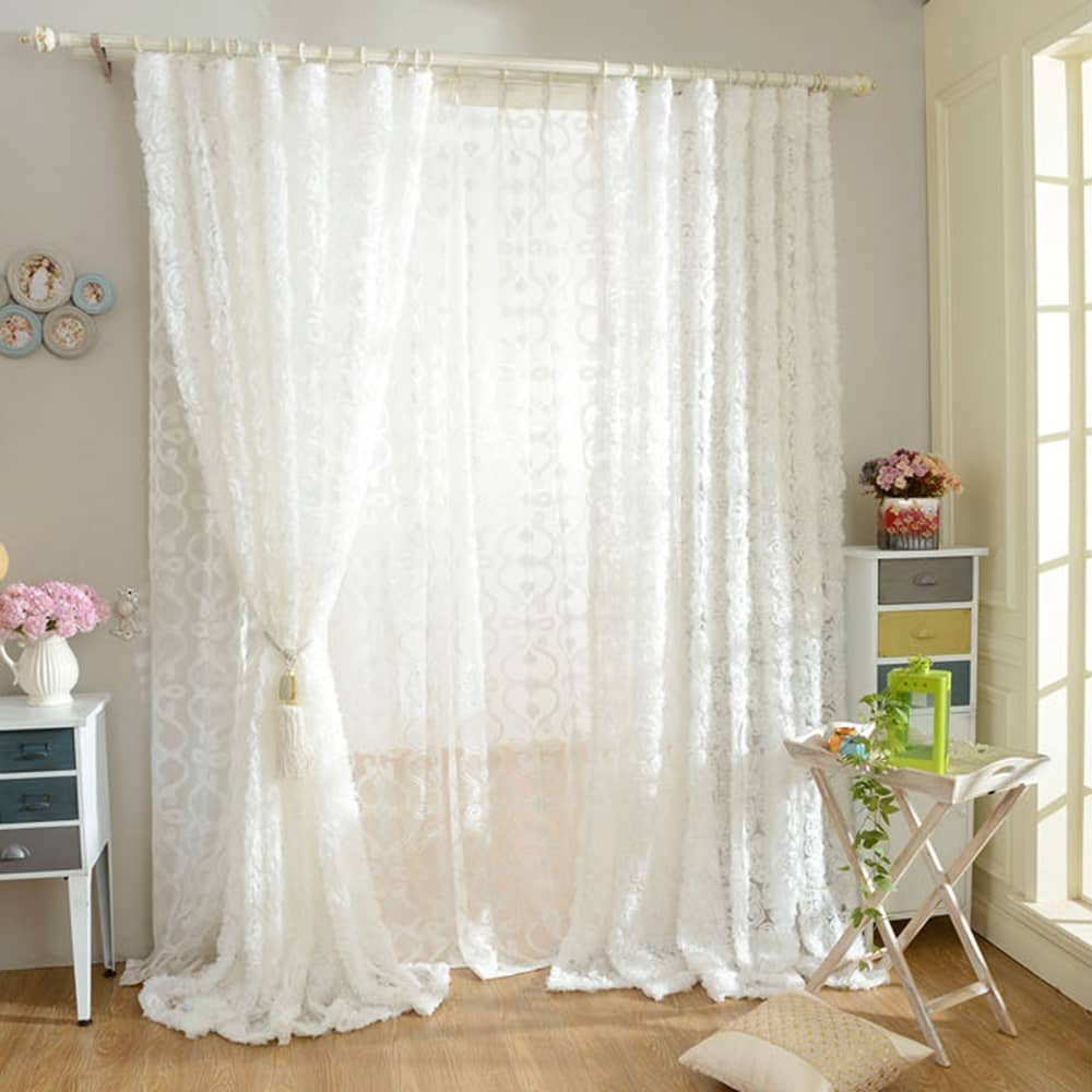 3D Full Roses White Sheer Curtains Romantic Translucidus Tulle Curtains Living Room Wedding