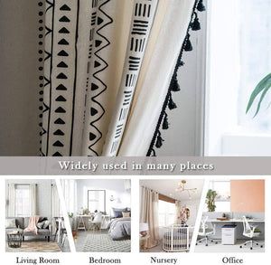 Geometric Bohemian Style Cotton Linen Cream Curtains with Tassels