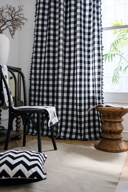 Classic Black and White Curtains Checkered Window Drapes with Tassels
