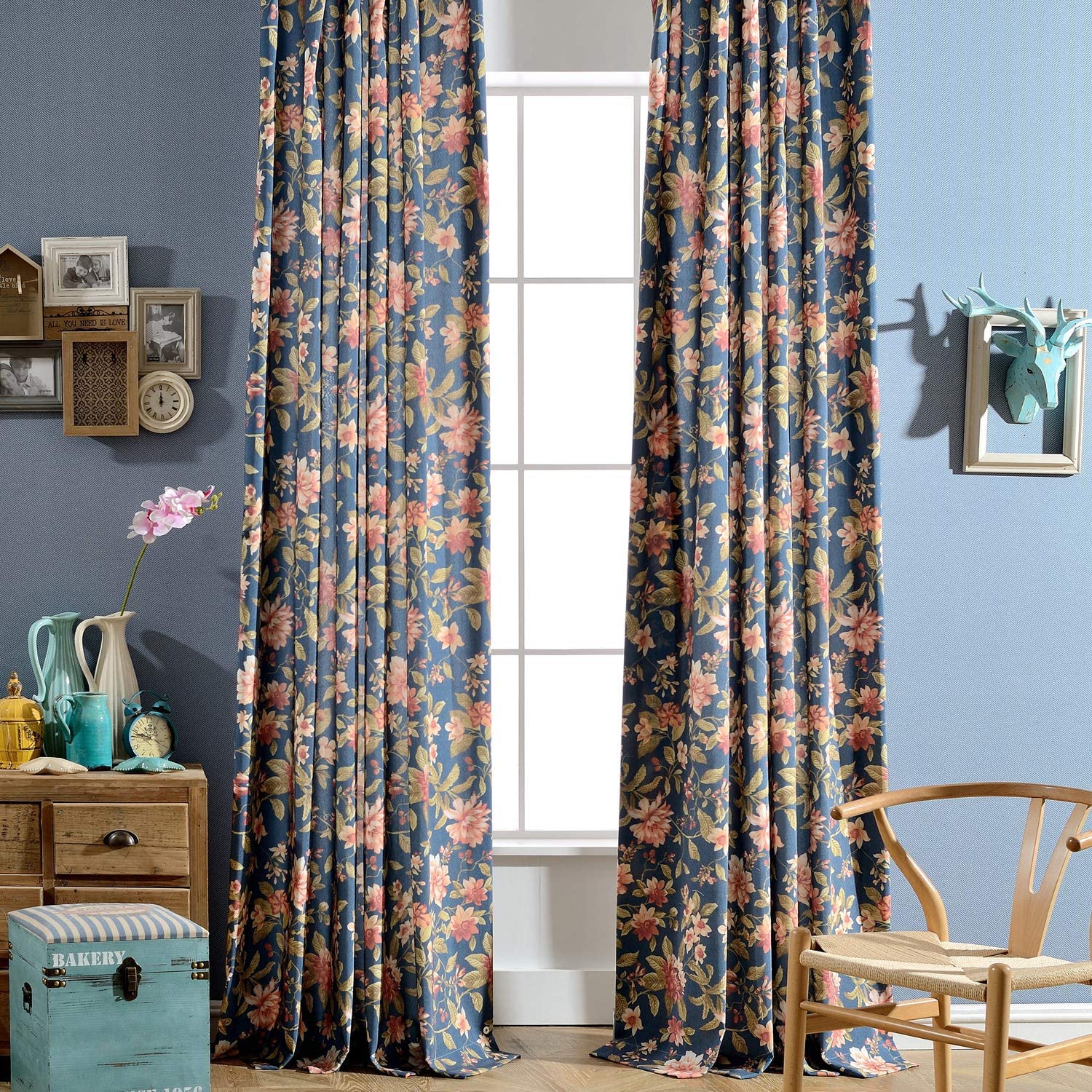 navy vintage floral curtains room darkening drapes for living room