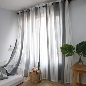 Gray and white vertical striped sheer curtains for bedroom