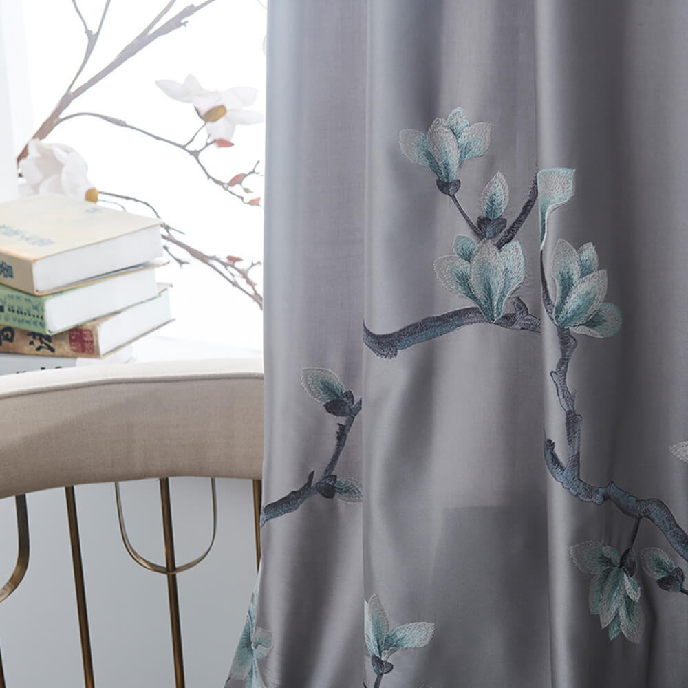 Embroidered Magnolia Flower Gray Curtains Gorgeous Drapes