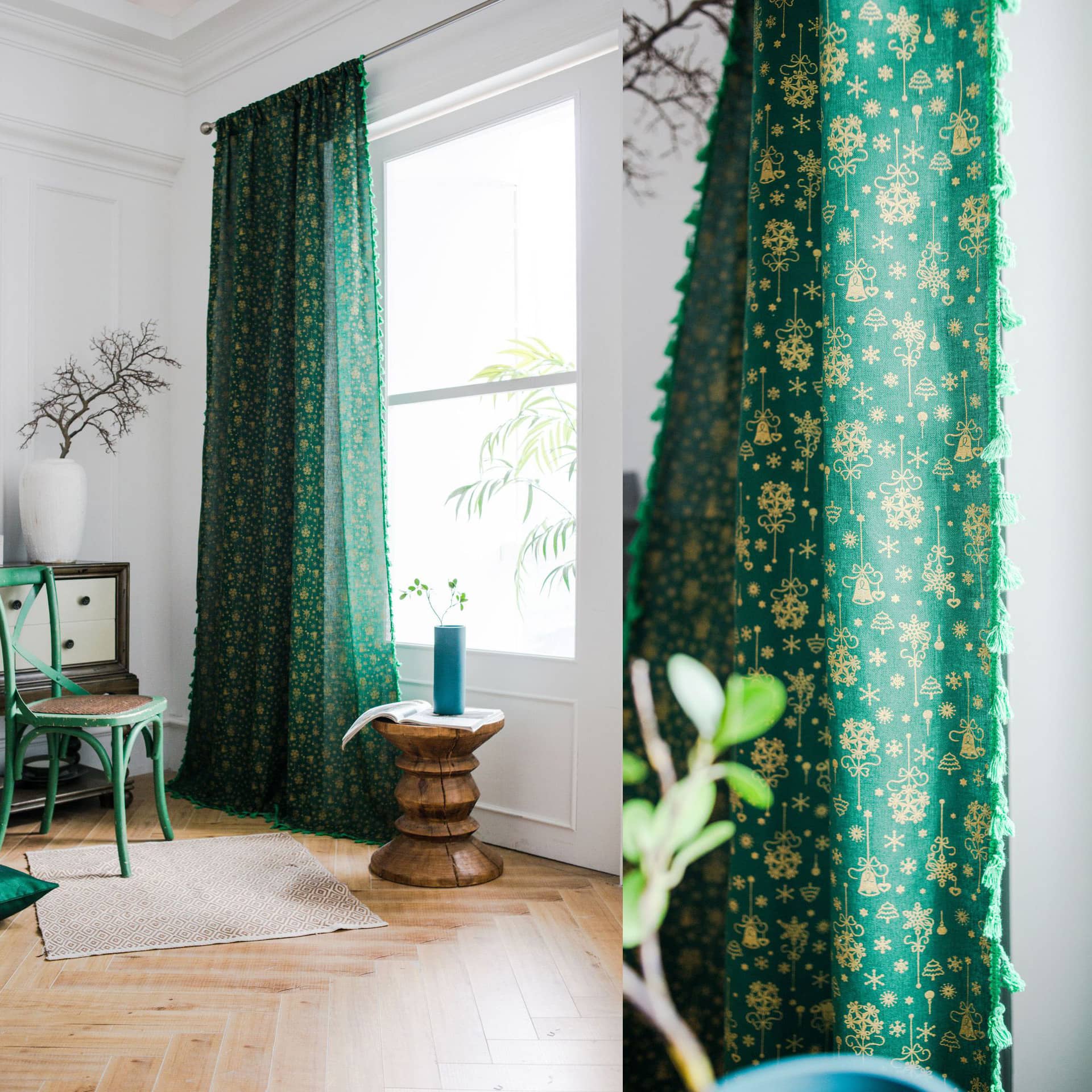Green Christmas Trees Curtains with Tassels Drapes