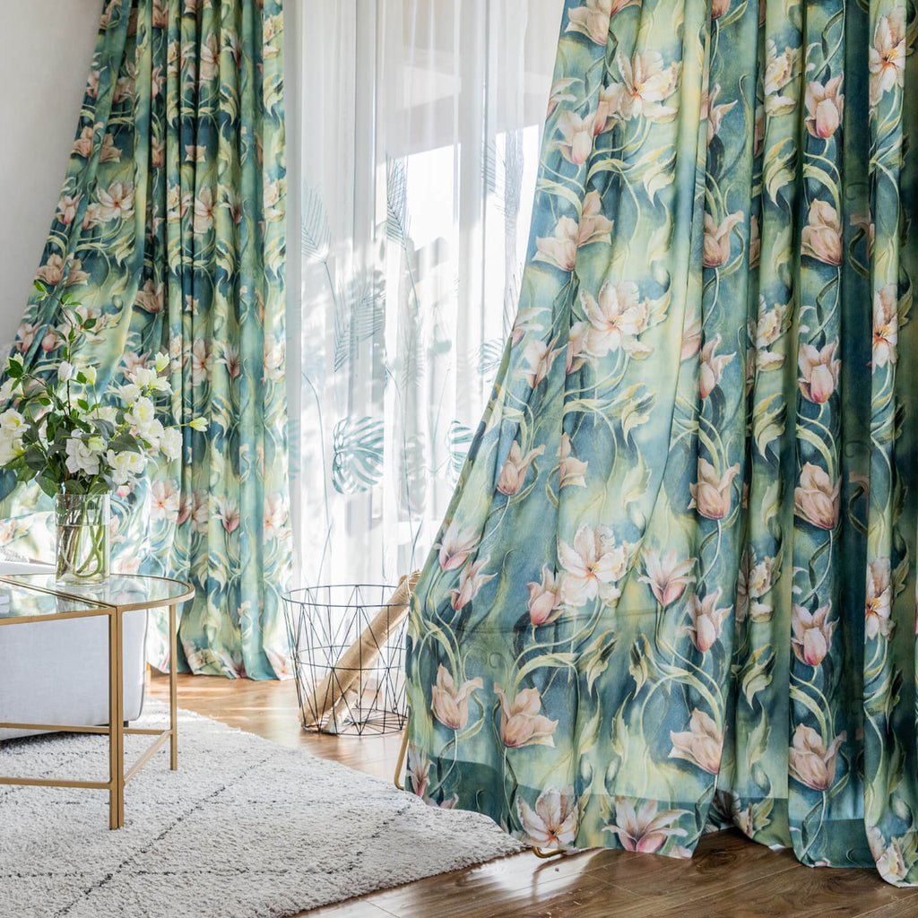 Beautiful Flowers in Green Rainforest Curtains Art Painting Drapes for Living Room
