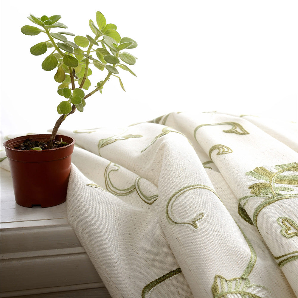 Embroidered Green Vine Curtains Linen Drapes for Livingroom